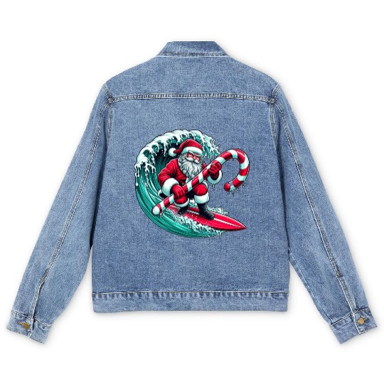 Santa Surfing Candy Cane Wave - Christmas Gifts Men's Denim Jackets