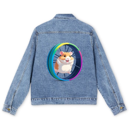 Happy Hamster on Exercise Wheel Men's Denim Jackets