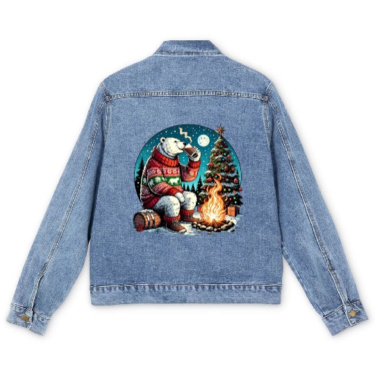 Cozy Christmas Polar Bear: Eggnog & Fireside Cheer Men's Denim Jackets