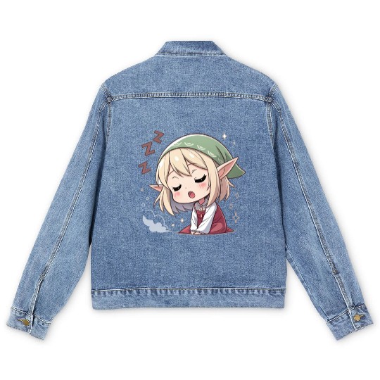 Sleepy Sprite: Cute Elf Napping So Lovingly Men's Denim Jackets