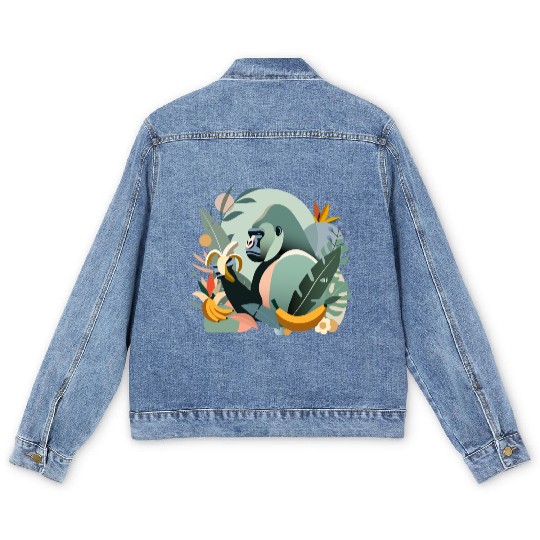 Proud gorilla with banana in tropical surroundings Men's Denim Jackets