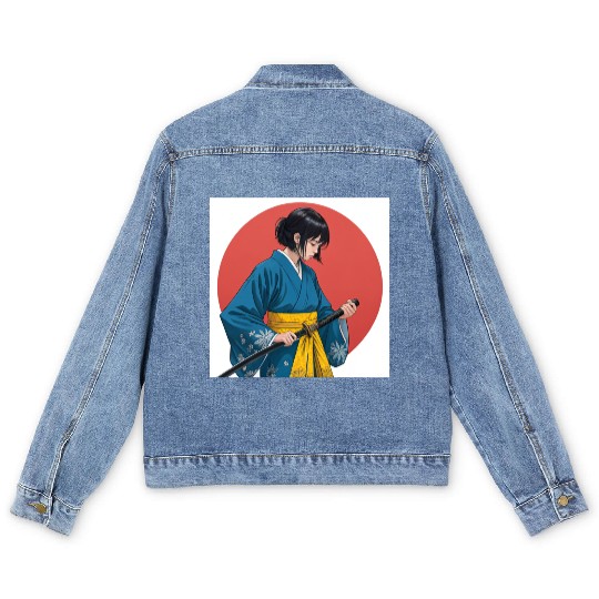 Blossom and Blade: Kimono-Clad Warrior Girl, Japan Men's Denim Jackets
