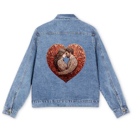 Romantic Couple Embracing in Floral Valentine Hear Men's Denim Jackets
