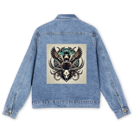 Mallard duck flying over deer skull in marsh Men's Denim Jackets