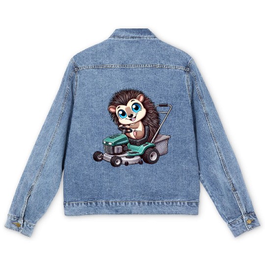 Hedgehog on Tractor Gardening Lawn Care Men's Denim Jackets
