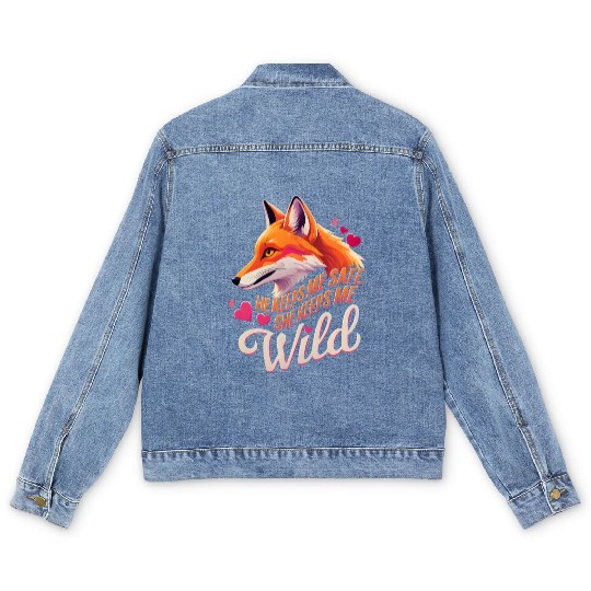 He Keeps Me Safe She Keeps Me Wolf Lover couple Men's Denim Jackets