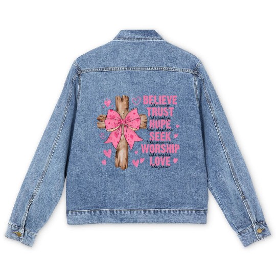 Coquette Bow Jesus Valentine Believe Like Mary Men's Denim Jackets