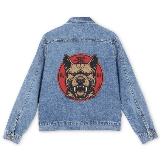 Fierce Dog Head with Red Circle and Fangs Men's Denim Jackets