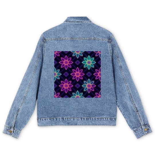 Seamless Colorful Neon Floral Pattern Men's Denim Jackets