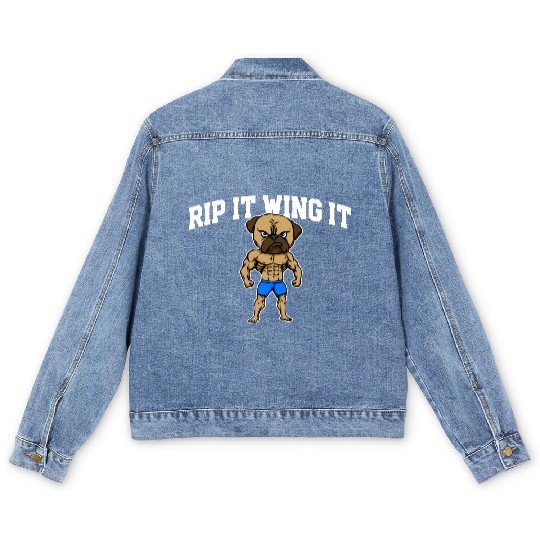 Rip It Wing It Funny Workout Humor Gym Sayings Men's Denim Jackets