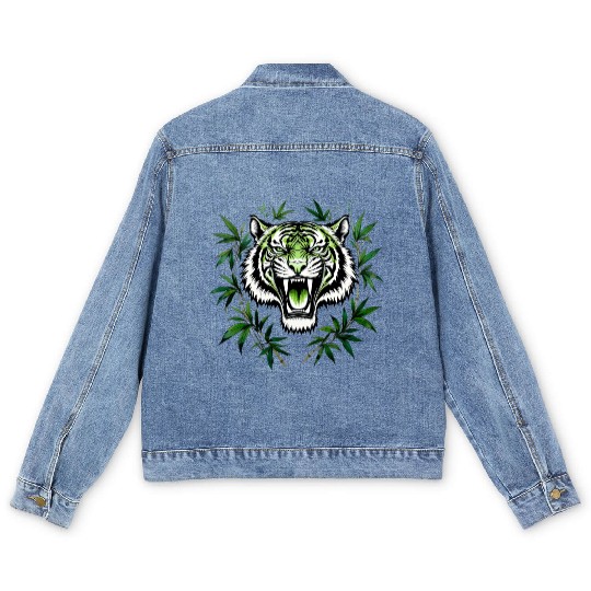 Fierce Green Tiger with Bamboo Branches Men's Denim Jackets