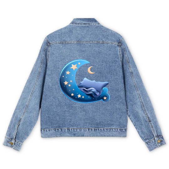 Cartoon Sleep Icon Moon and Bed for Sleep Men's Denim Jackets