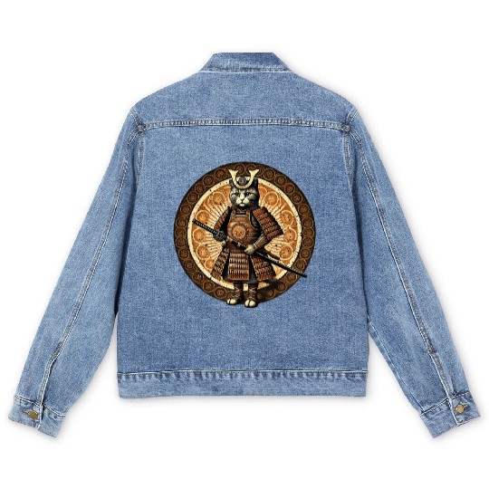 Japanese Samurai Cat Tattoo Kawaii Cat Art Anime Men's Denim Jackets