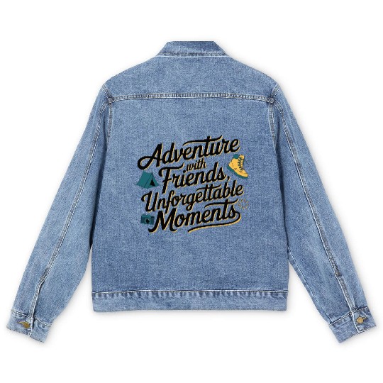 Adventure with Friends travel quote text art Men's Denim Jackets