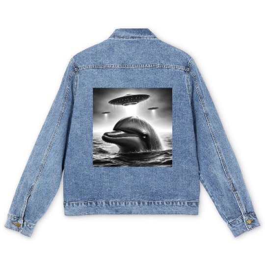 Dolphin Sea Funny Graphic Selfie with UFOs Weird A Men's Denim Jackets