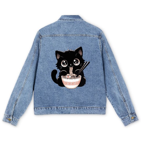 Cute Kawaii Cat eating Ramen Asian Food Gift Men's Denim Jackets