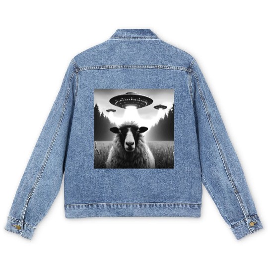 Sheep ram, lamb Funny Graphic Selfie with UFOs Wei Men's Denim Jackets