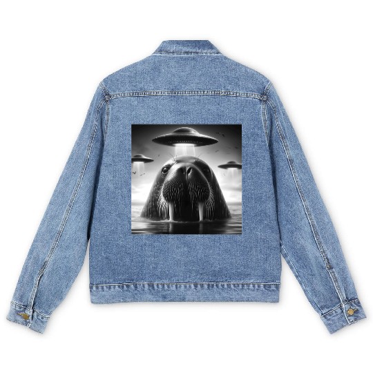 Walrus Sea lion Funny Graphic Selfie with UFOs Wei Men's Denim Jackets