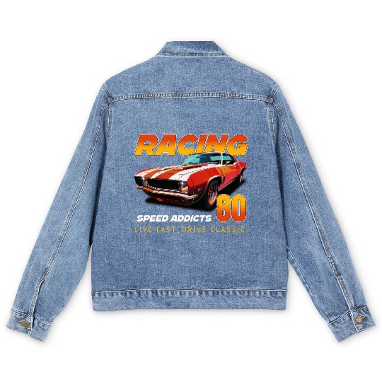Racing Classic Car Graphic Men's Denim Jackets, Retro Muscle Car