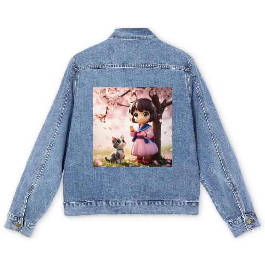An anime character with a cute cat Men's Denim Jackets