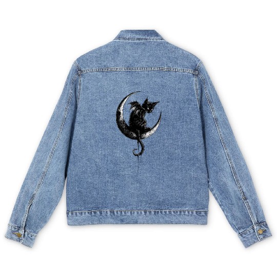 Cat With Bat Wings Sitting On Crescent Moon Goth Men's Denim Jackets