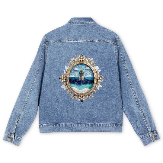 Lighthouse Mosaic Brooch Gemstone Embellishmes Men's Denim Jackets
