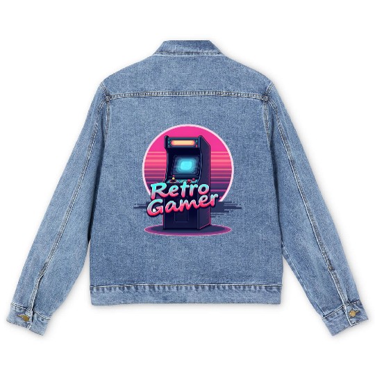 retro gamer in retro style oldschool gamer Men's Denim Jackets