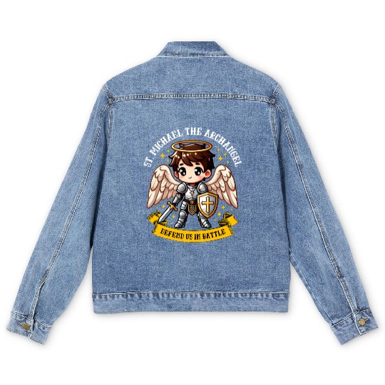 Saint Michael the Archangel Catholic Pray for kids Men's Denim Jackets