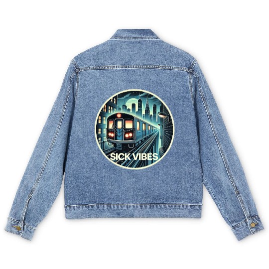 Retro Futuristic Subway Train - Neon Cyberpunk Cit Men's Denim Jackets