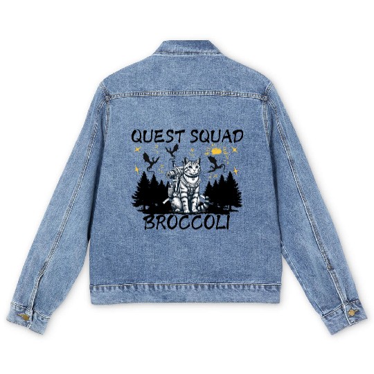 Retro Quest Fantasy Squad Broccoli Funny Cat Lover Men's Denim Jackets