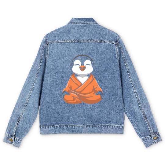 Meditating Penguin in Zen Robe Serenity Men's Denim Jackets