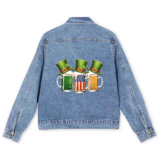 Ireland Beer Flag Frothy Irish Beer Mugs Flag Men's Denim Jackets
