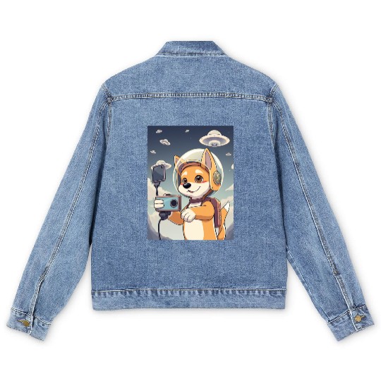 Funny Dog Rescue Anime Selfie with UFOs Weird Men's Denim Jackets