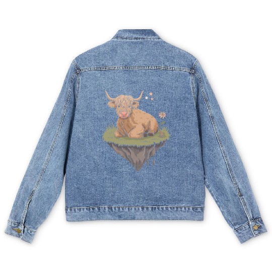 Whimsical Escapism: Highland Cow Dreamworld Men's Denim Jackets