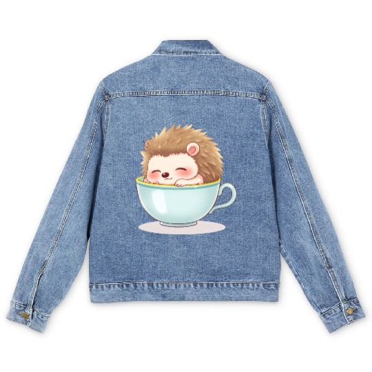Cute hedgehog relaxing in a light blue cup Men's Denim Jackets