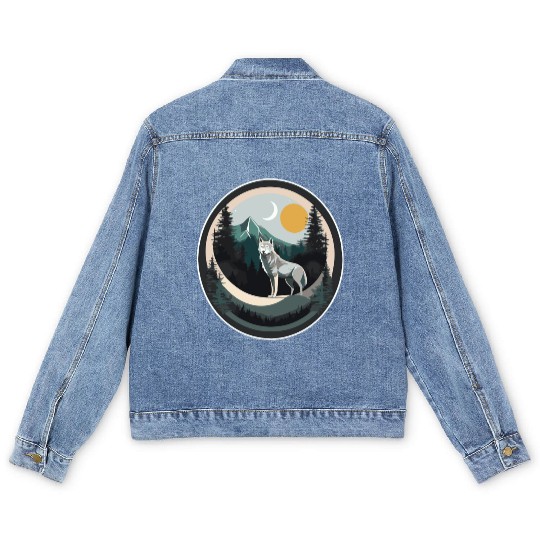 Lone Wolf Under Moonlit Sky Men's Denim Jackets