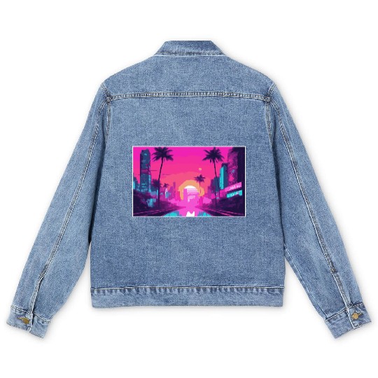 Neon Paradise Vaporwave Sunset Vibes Men's Denim Jackets
