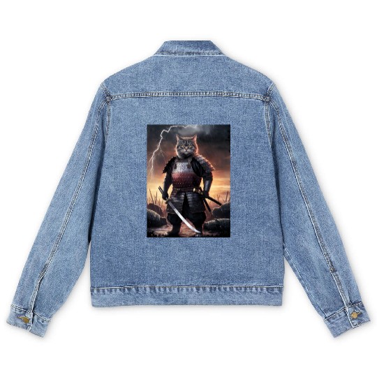 Japanese Cat Samurai Cat Men's Denim Jackets