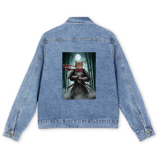 Japanese Cat Samurai Cat Men's Denim Jackets