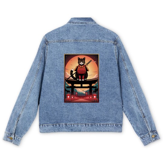 Japanese Cat Samurai Cat Men's Denim Jackets