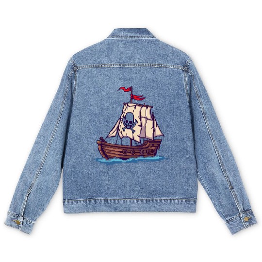 Pixel Pirate Ship – Retro High Seas Adventure Men's Denim Jackets