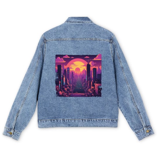 Cyberpunk Neon Cityscape Sunset Men's Denim Jackets