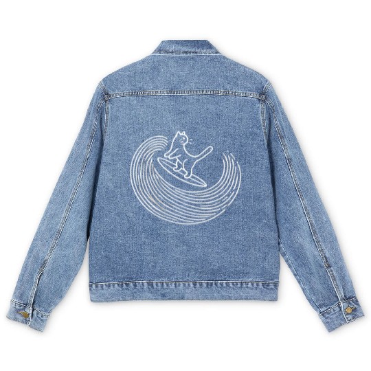 Playful Cat Surfing Wave Neon Design Men's Denim Jackets