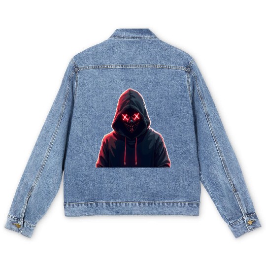 Mysterious Neon Hooded Figure - Dark Aesthetic Cyb Men's Denim Jackets