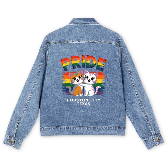 Pride Month Houston City Texas USA Rainbow Flag LG Men's Denim Jackets
