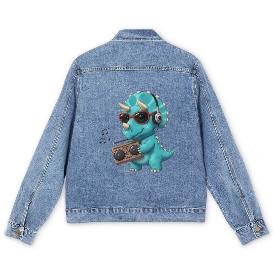 Dino cartoon triceratops listening to music Men's Denim Jackets