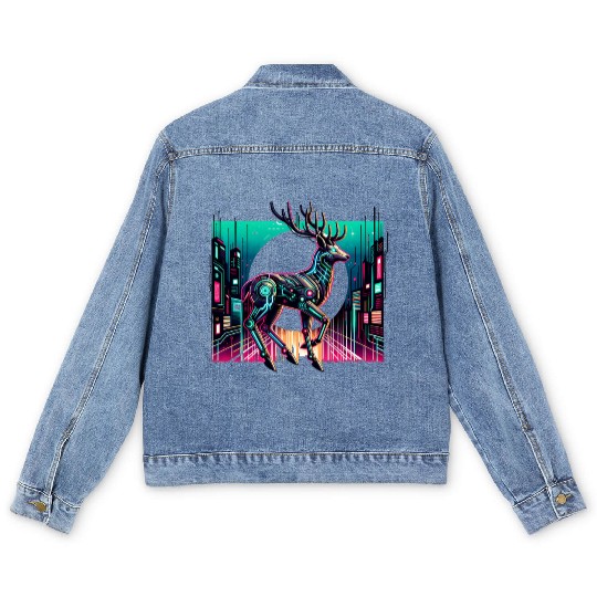 Cyberpunk Stag In Futuristic Cityscape Men's Denim Jackets