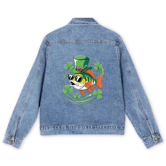 St. Patrick's Day With Fish And Clover Leaves Men's Denim Jackets