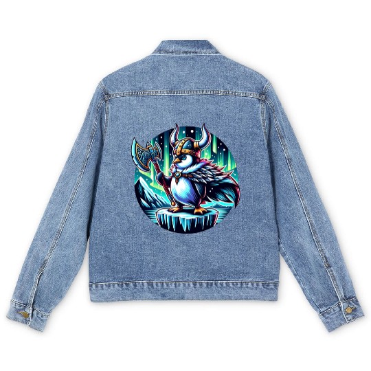 Viking Penguin with Axe Under Northern Lights Men's Denim Jackets