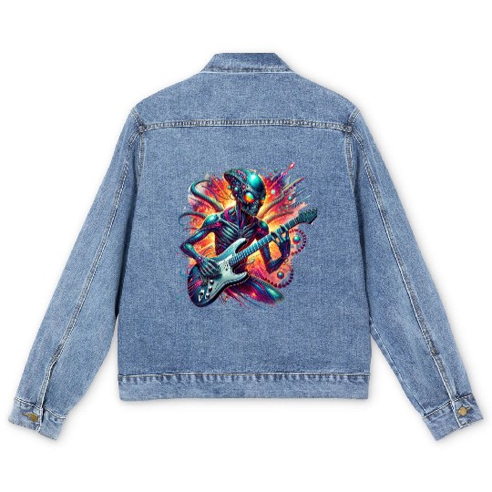 Alien playing guitar with rainbow background Men's Denim Jackets